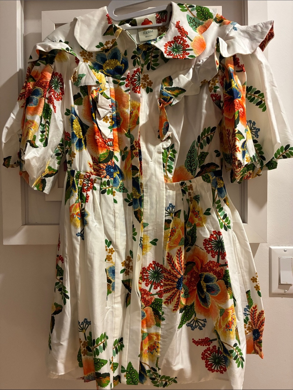 FARM Rio White Floral Ruffle Cotton Dress with Orange, Green & Blue Blooms